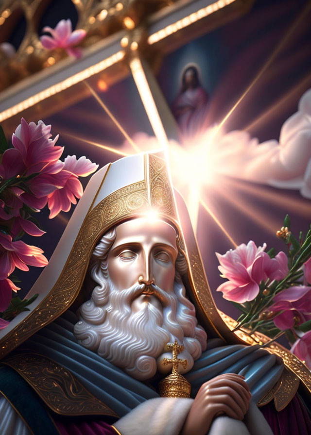 Religious figure with white beard in robes holding staff, surrounded by blooming flowers and divine light