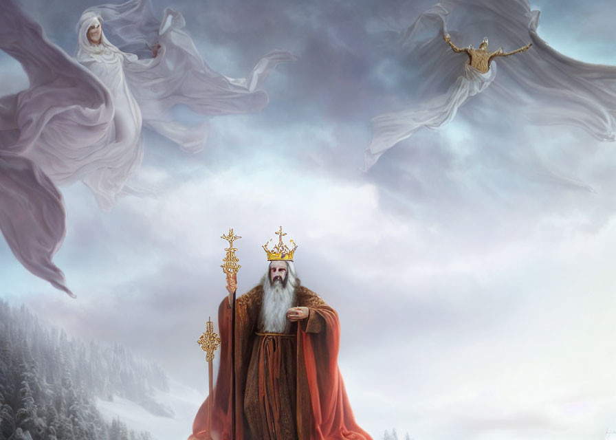 Elderly bearded king in red cloak and crown with ethereal figures in snowy landscape