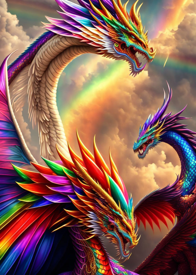 Colorful dragons with rainbow scales flying in cloud-filled sky