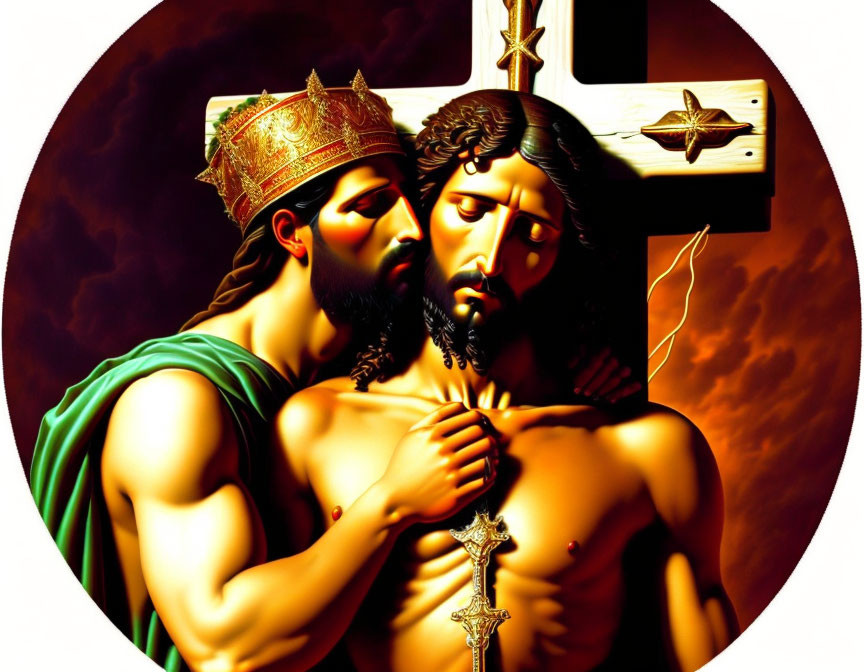 Religious painting of two male figures with halos and a cross