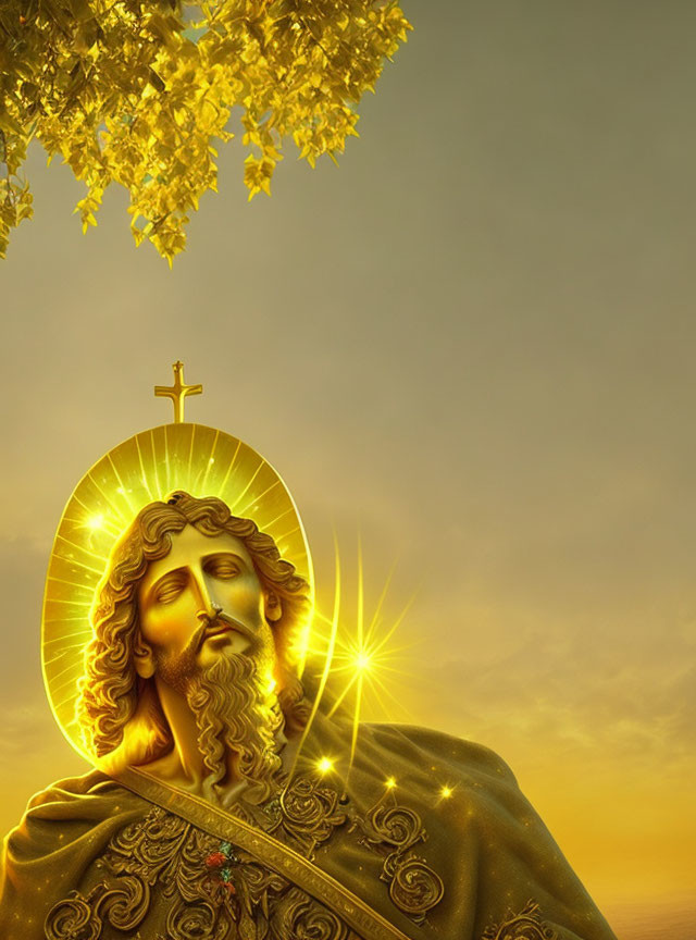 Illustration of Jesus with golden halo and ornate cloak in glowing sky setting