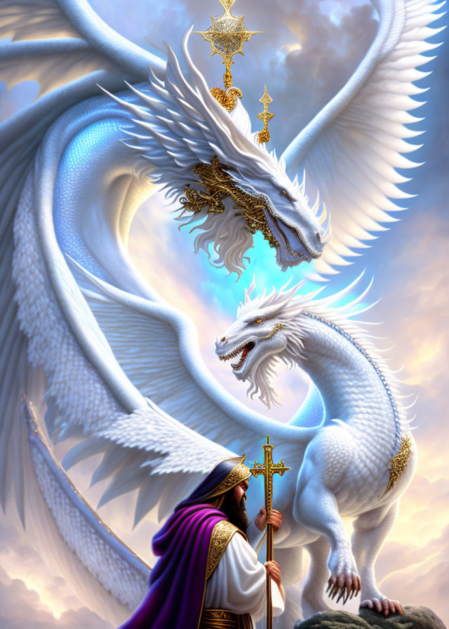 White Dragon and Cross-Wielding Figure in Cloudy Sky