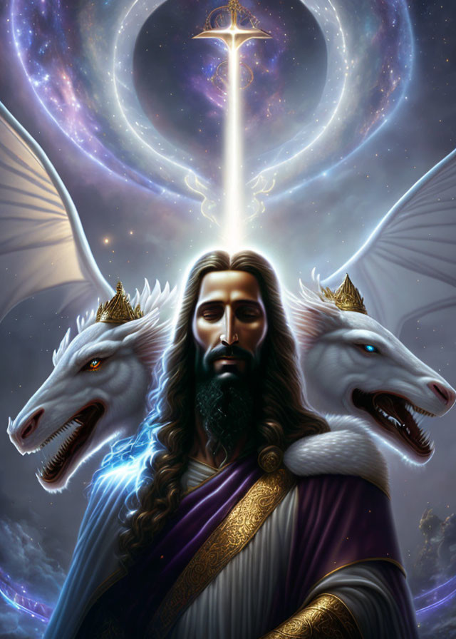 Bearded figure with dragons in celestial scene