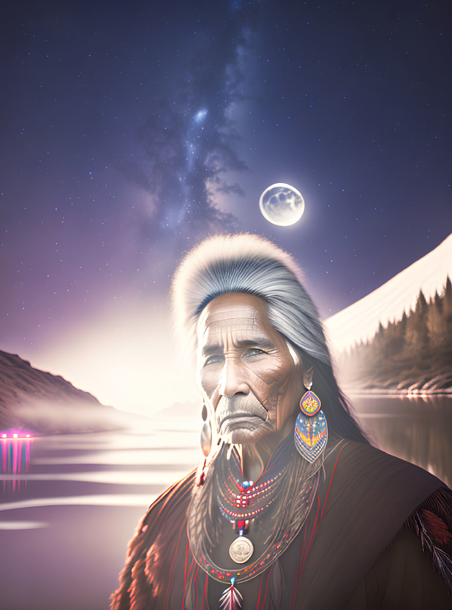 Digital artwork: Native American elder in traditional attire by serene lake