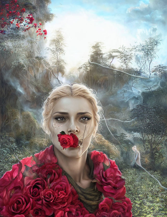 Surreal portrait of woman with rose in mouth in misty floral landscape