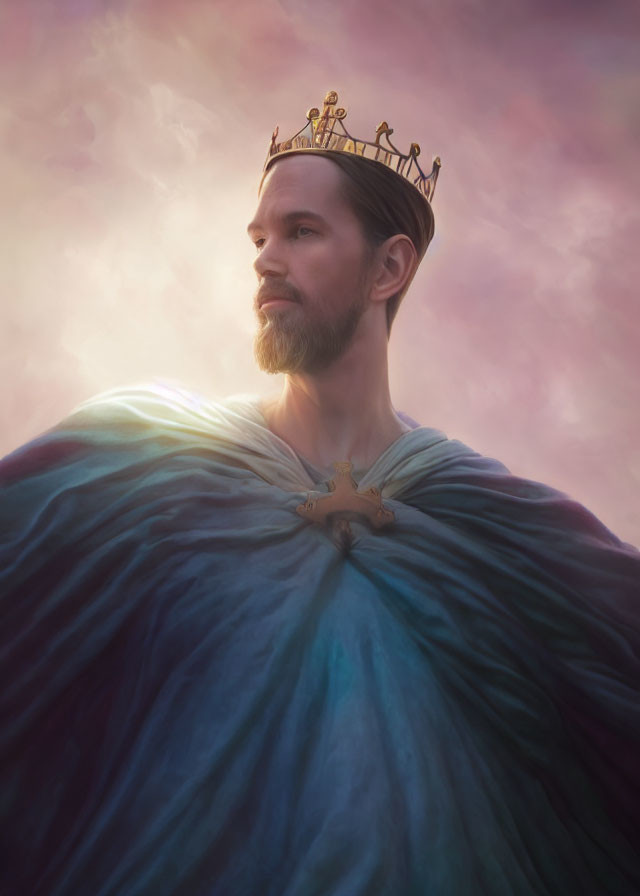 Bearded man in gold crown and blue cloak against pink sky