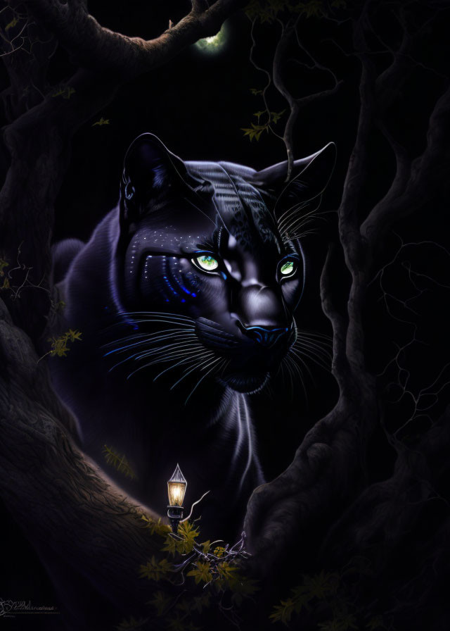 Black panther with green eyes and blue markings under crescent moon and lantern