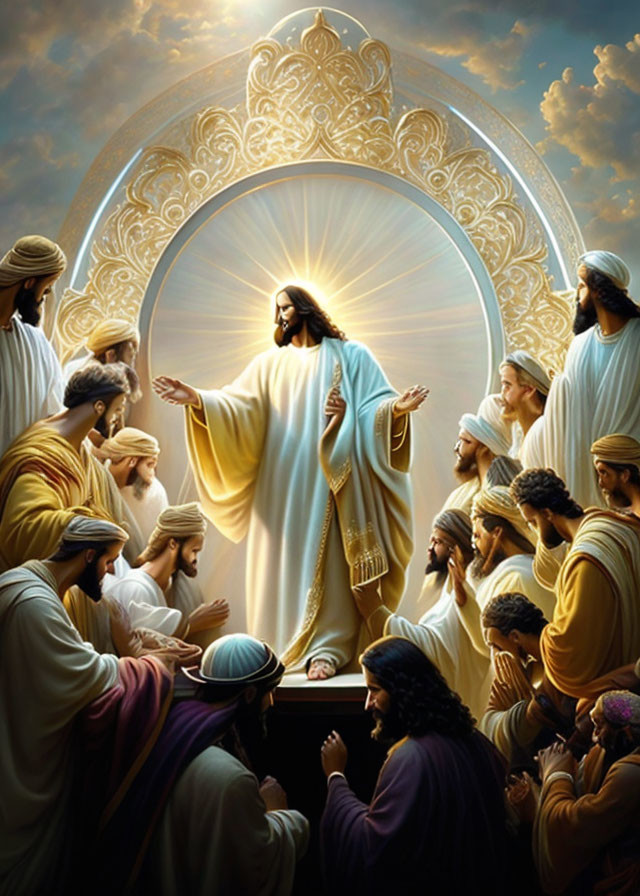 Radiant central figure in white and gold surrounded by adoring individuals in historical attire under glowing arch