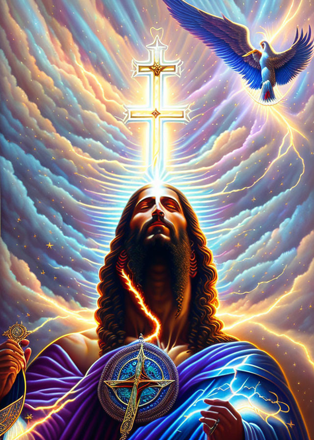 Religious painting: Bearded figure in blue robes with halo, holding scepter and glowing cross,