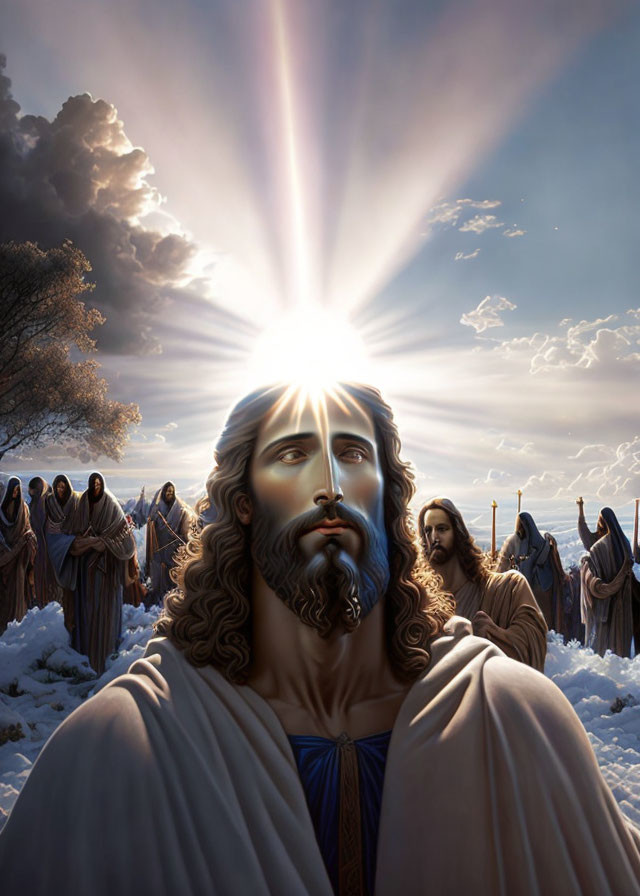 Digital artwork of man with halo & followers in heavenly setting