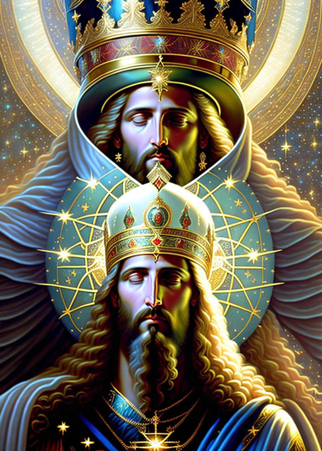 Two Bearded Figures with Crowns and Stars on Blue Background