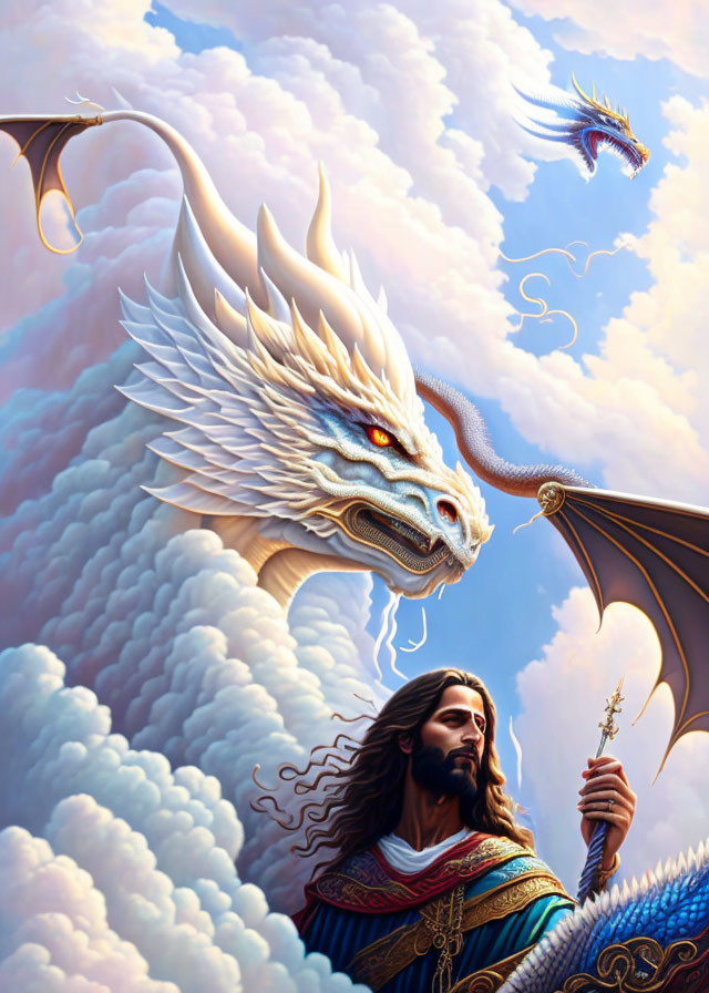 White Dragon Soars with Bearded Man in Ornate Armor