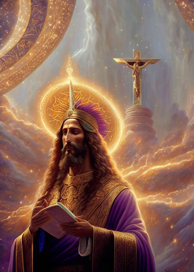 Regal figure in purple robes with crown and book in celestial setting