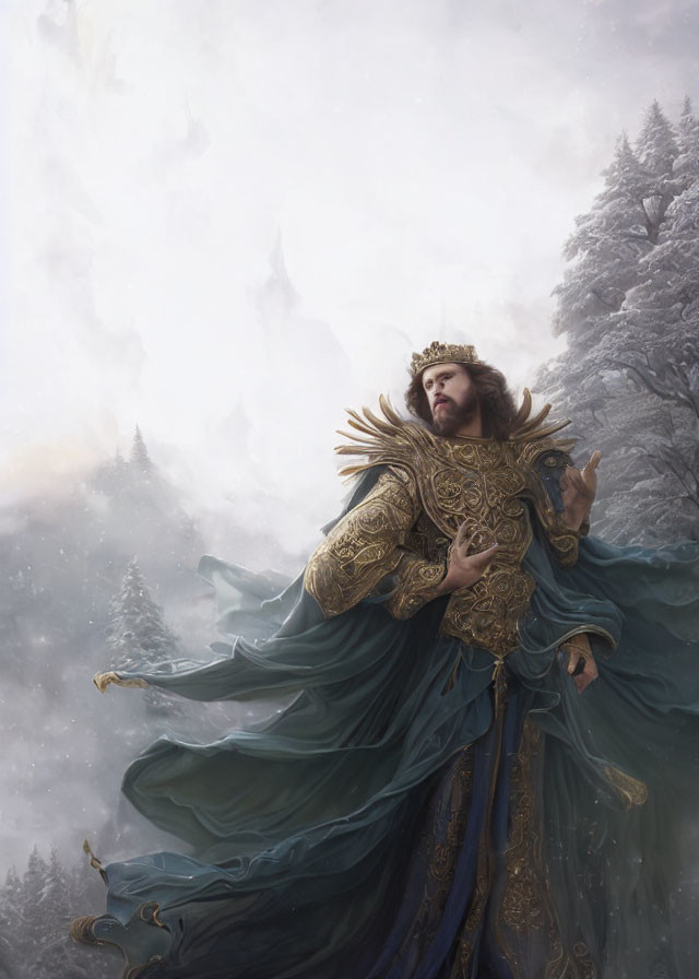 Regal figure in golden armor in snowy forest with castle-topped mountain