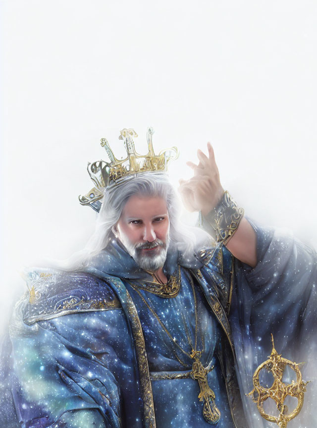 Elderly figure with white beard in golden crown and blue robe