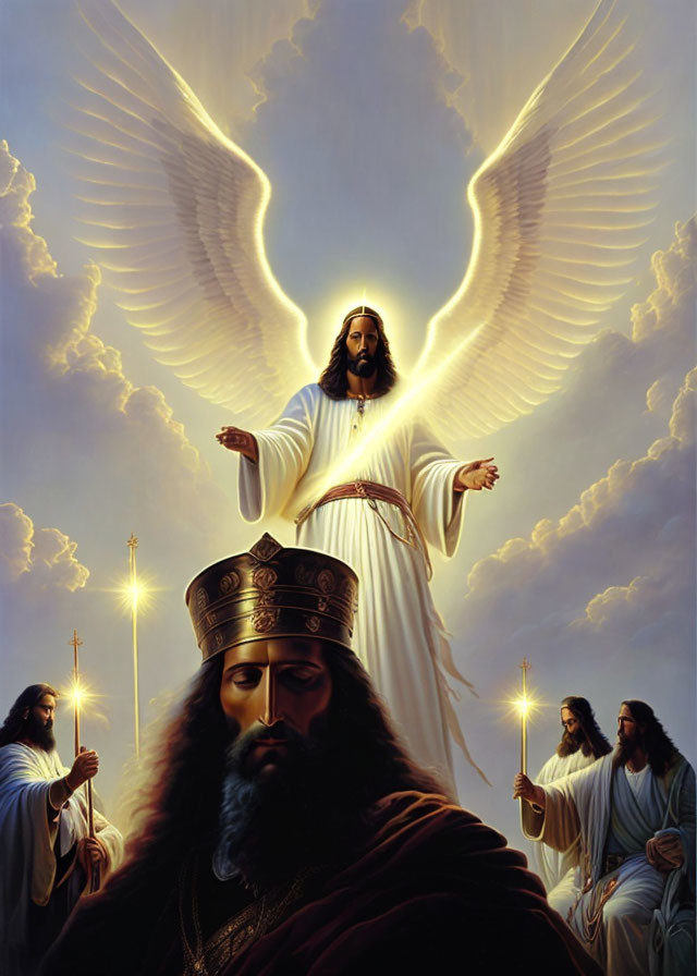 Religious-themed illustration with central figure, halo, flanked figures, bright light, and dove