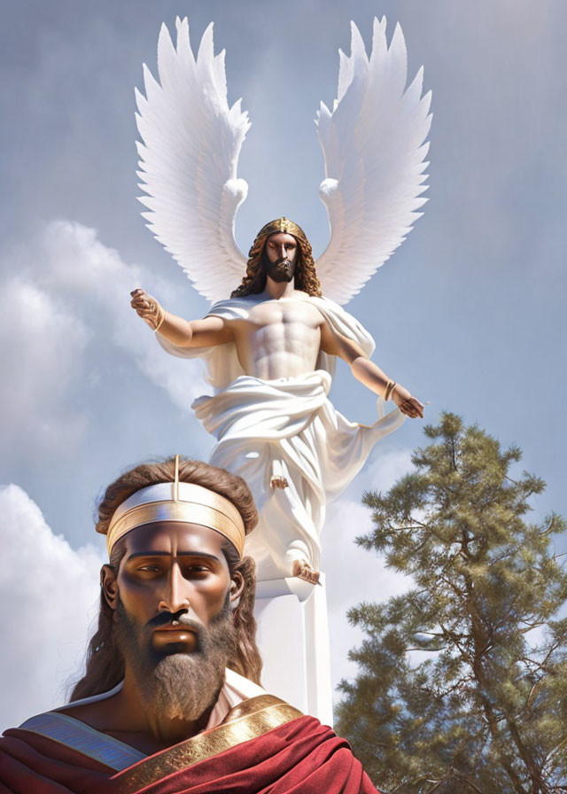 Winged figure statue with warrior beneath, set against blue sky and trees