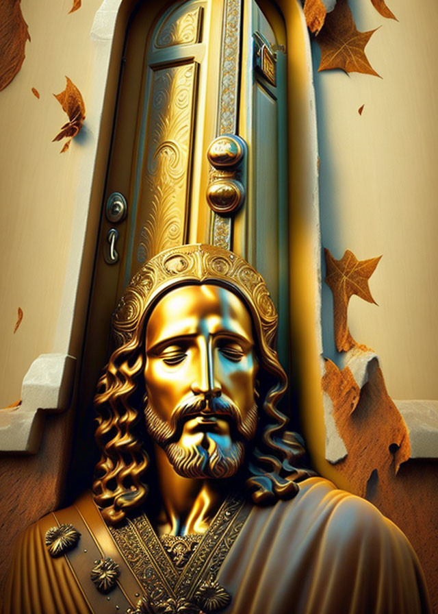 Autumn-themed door with Jesus Christ face relief and leaf decorations