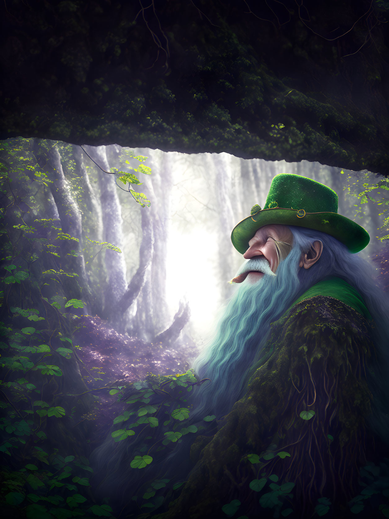 Bearded character in green hat with lush greenery and waterfall