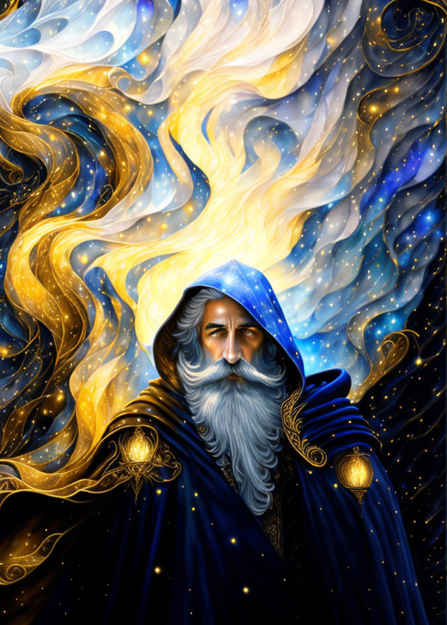 Bearded figure in blue and gold cloak amid swirling stars and nebulae