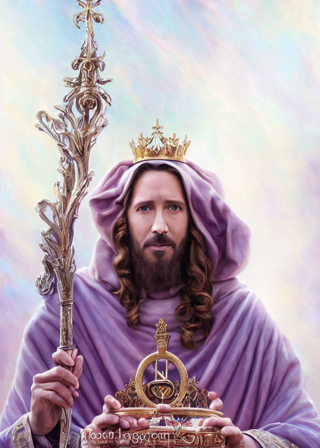 Regal man in golden crown and purple robe with scepter on ethereal backdrop