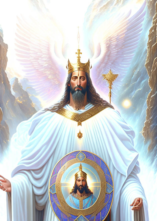 Regal figure with crown and scepter in celestial setting