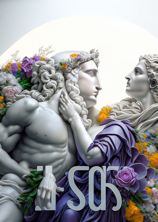 Classical-style sculpture of man and woman embraced with floral crown and vibrant flowers.