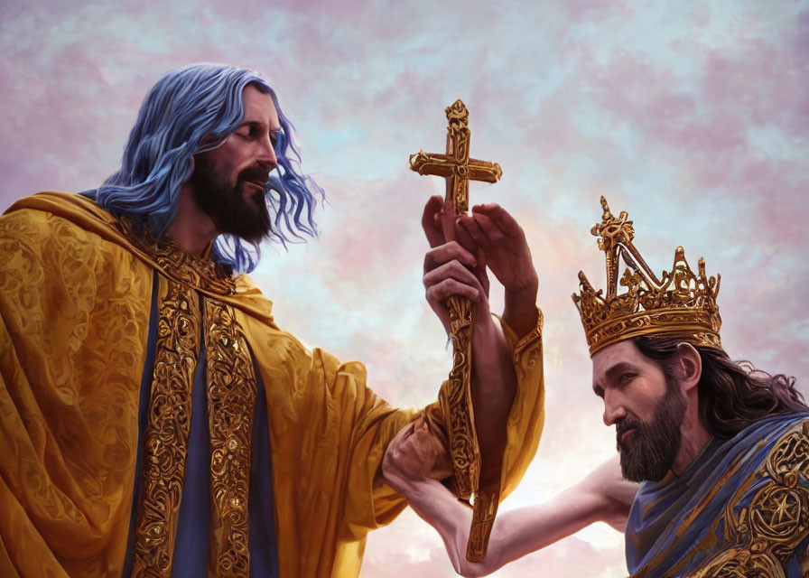 Digital painting of two regal figures in a moment of blessing or coronation