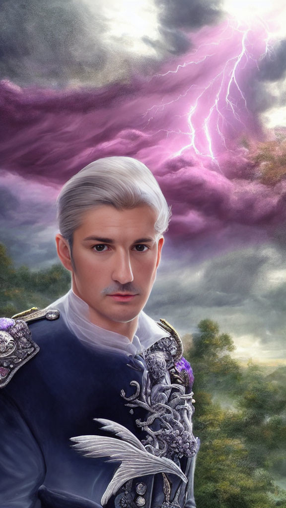 Silver-haired elf in blue military uniform under dramatic sky