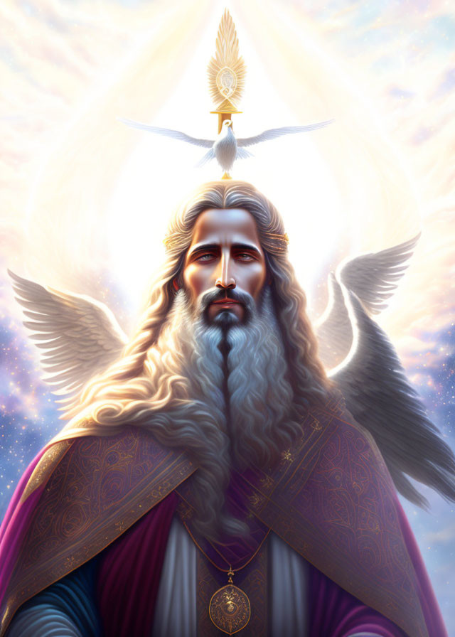 Majestic figure with angelic wings and ornate robes in bright light.