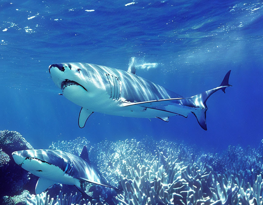 Sharks swimming over coral reefs in clear blue ocean water