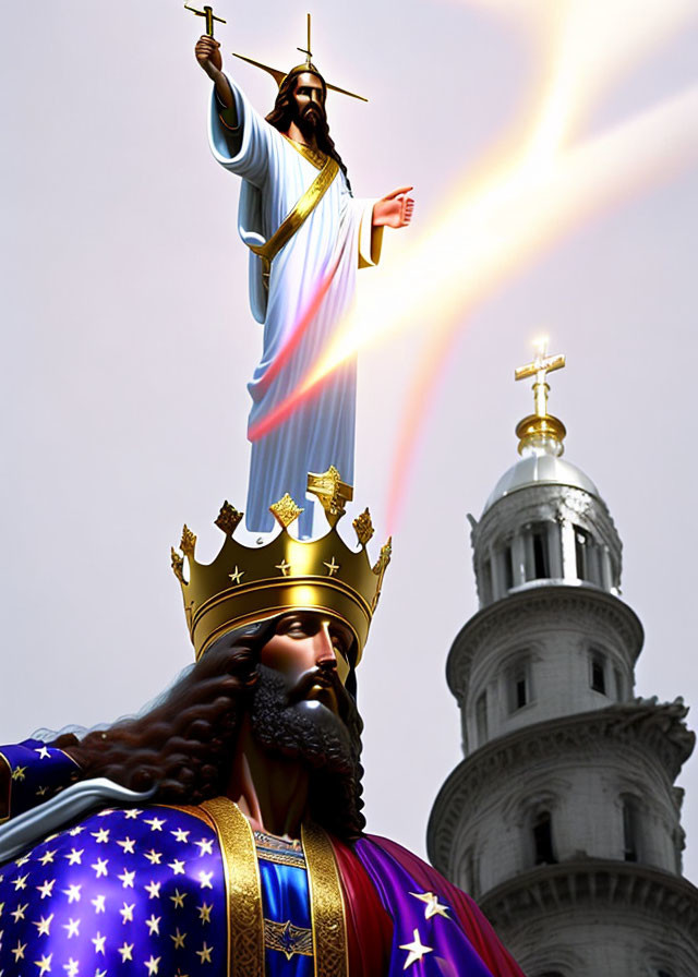 Regal figure statue with crown and star-spangled robe, Jesus Christ illustration in sky.