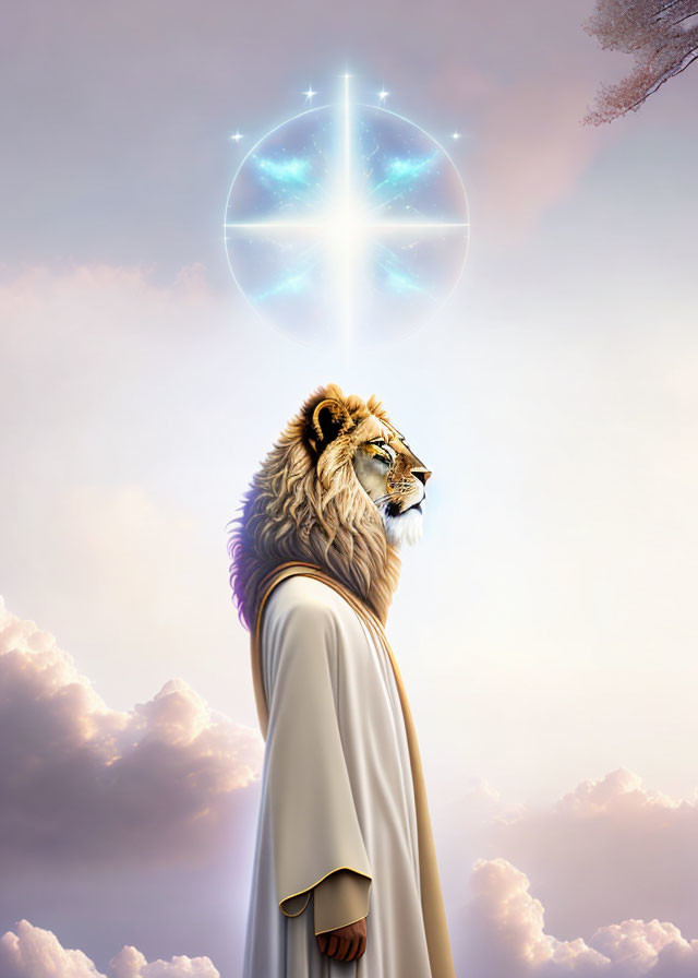 Majestic lion in cream cloak gazes at glowing cross in cloudy sky