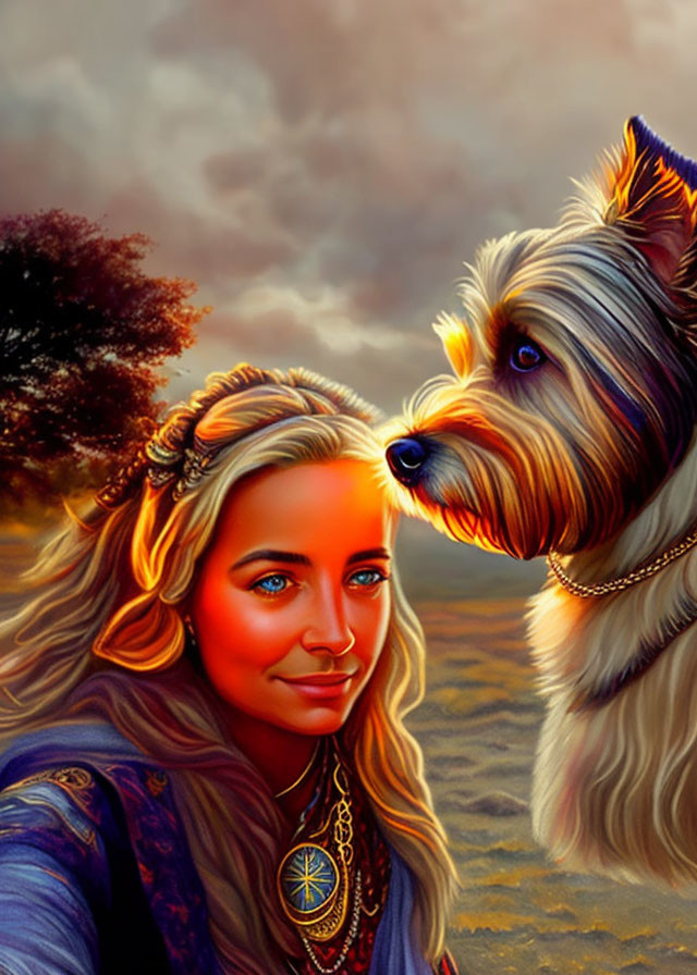 Digital artwork: Woman with blue eyes, braided hair, Yorkshire Terrier, sunset sky