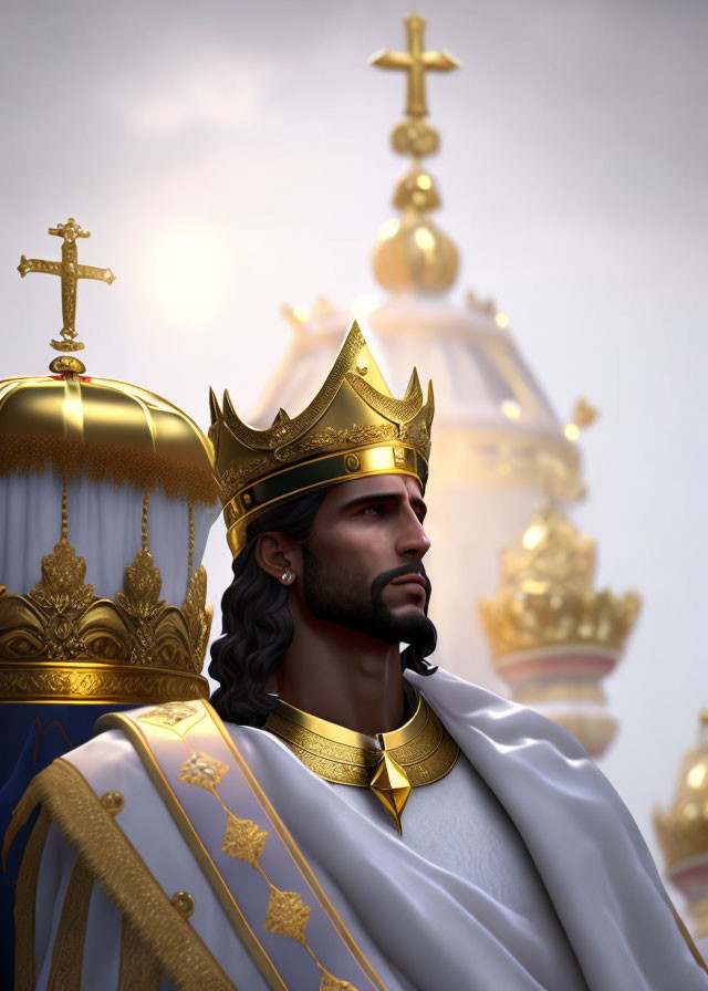 Regal figure in golden crown and robe with church domes.