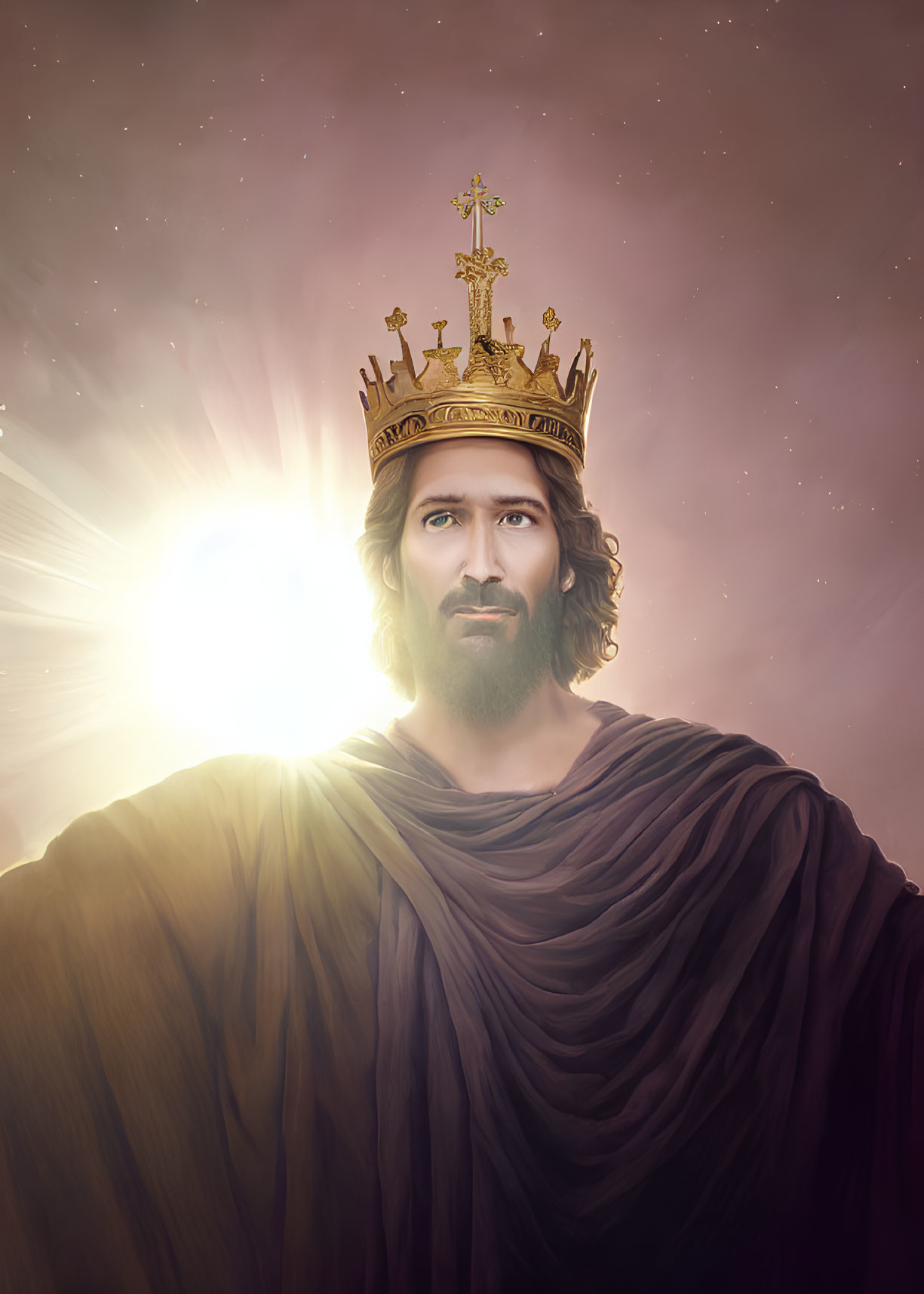 Majestic figure with golden crown in celestial glow