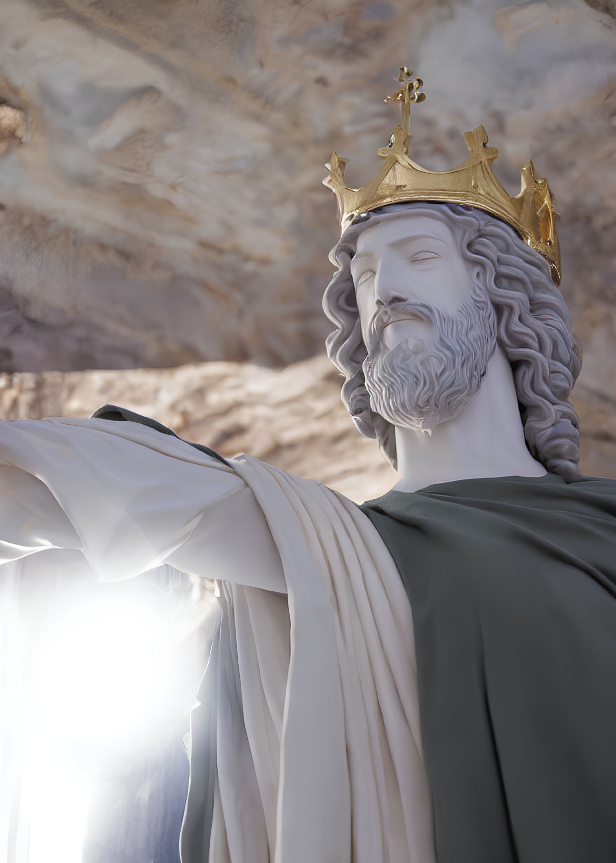 Bearded King Statue in Crown and Robe with Glowing Light