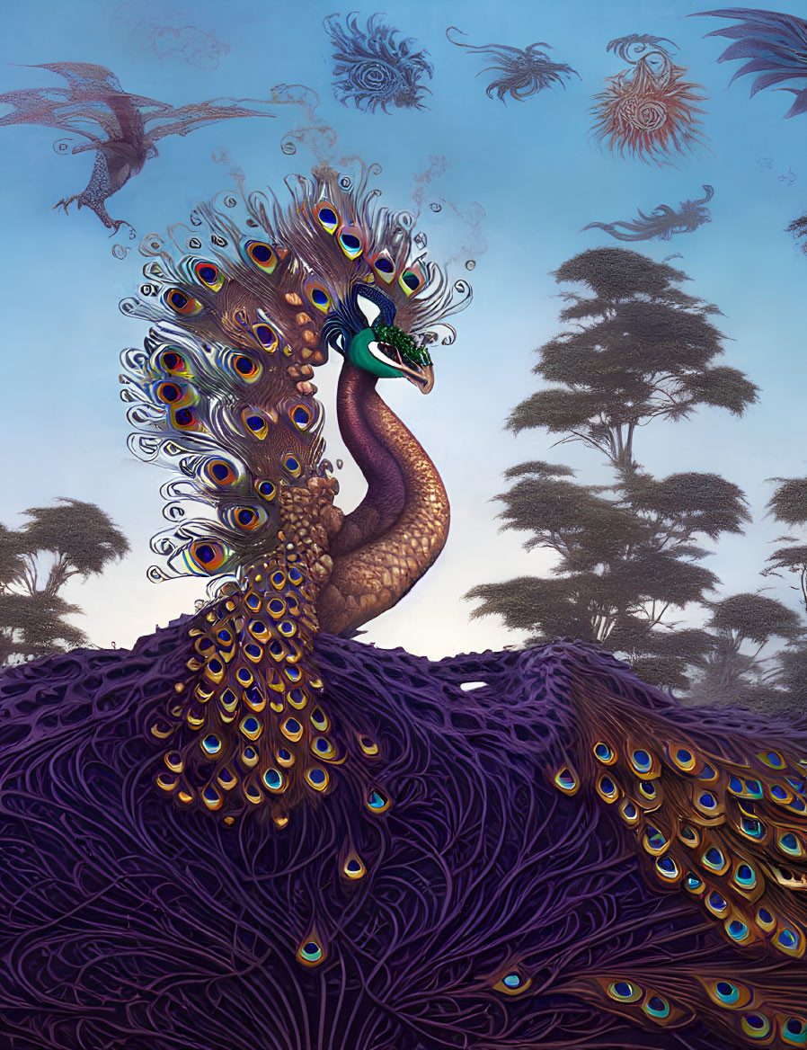 Colorful serpent with peacock feathers in mystical forest scene