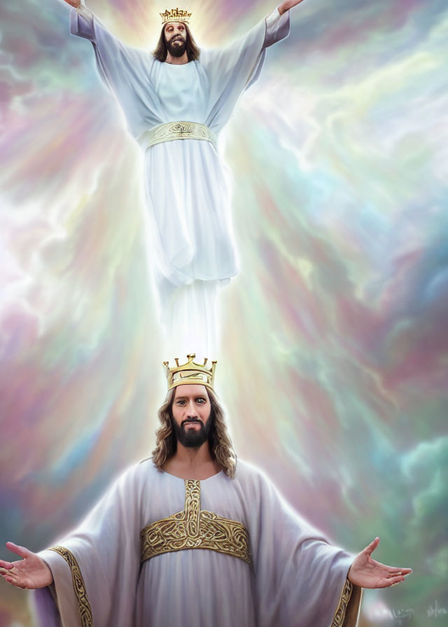 Digital artwork of figure resembling Jesus ascending into celestial sky