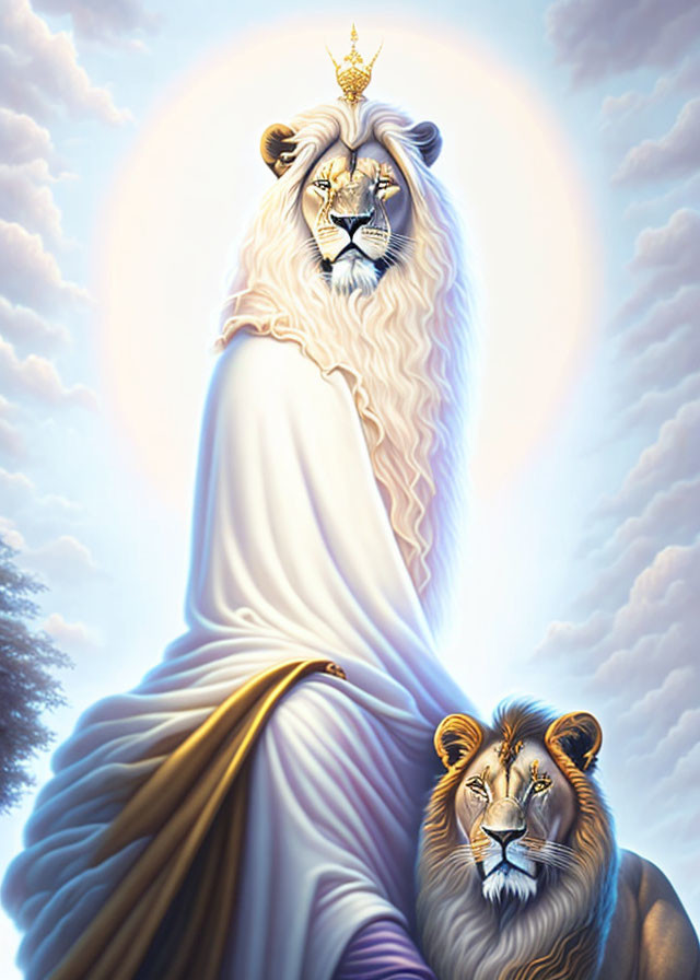 Majestic lions with human-like eyes in white cloak and crown, surrounded by glowing clouds.