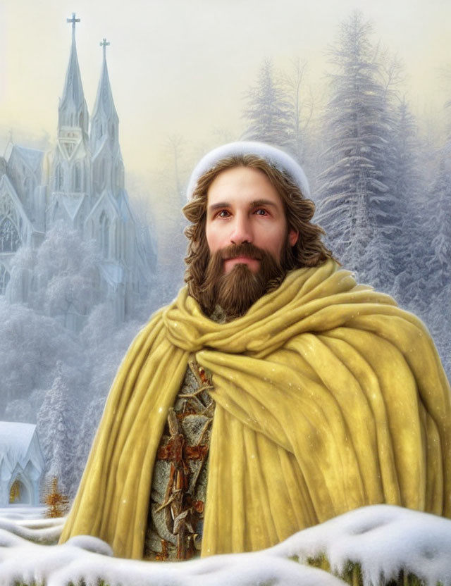 Bearded man in golden shawl against snowy church backdrop