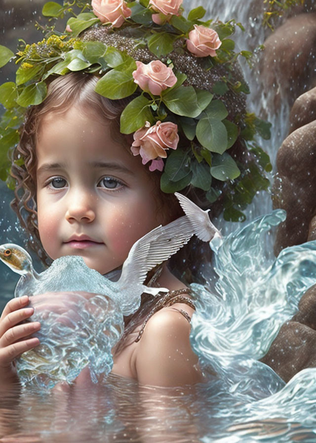 Child with floral crown cradling bird in magical water setting