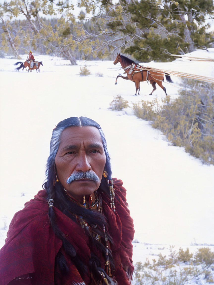 Native American man in traditional attire standing in snow with horseback riders in background among snowy trees.