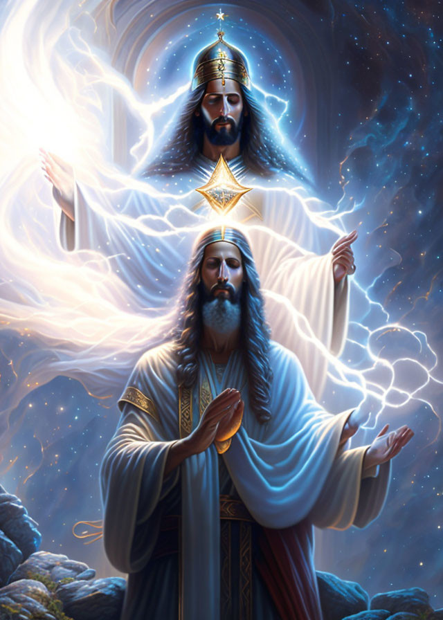 Two spiritual figures with halos in celestial setting