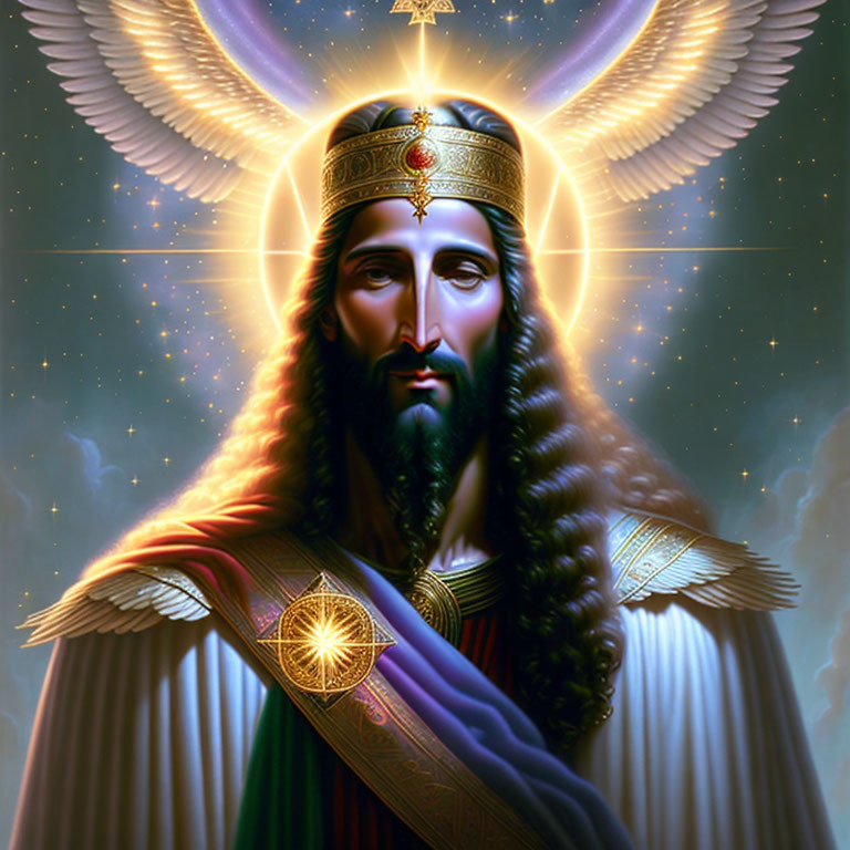 Regal figure with angelic wings, crown, and robes in starry setting