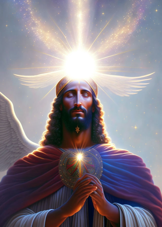 Winged figure with halo and glowing orb in celestial setting