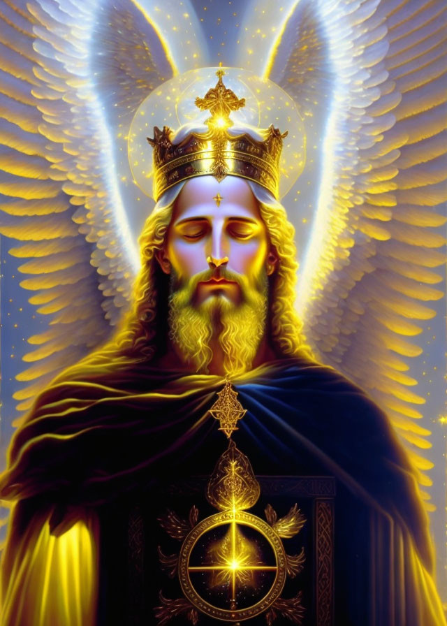 Golden halo, crown, cross, radiant light, royal robes: regal figure details