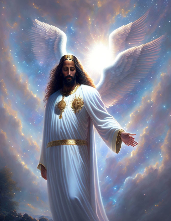 Figure in white robe with wings and extended hand under heavenly sky