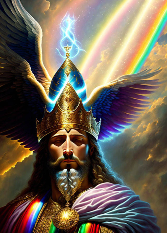 Majestic bearded figure with crowned helmet and wings holding lightning bolt in celestial setting