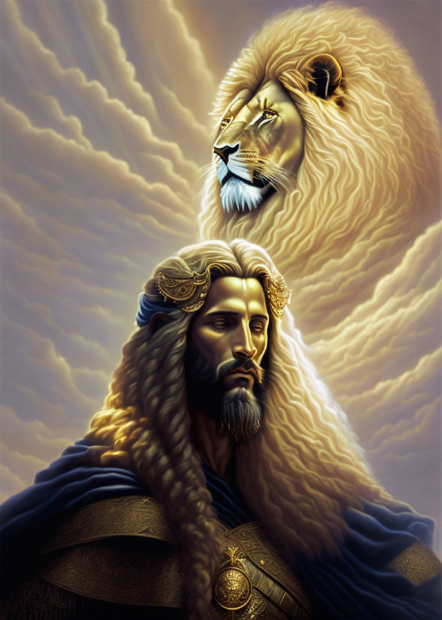 Regal man with lion's head in golden mane against cloudy sky